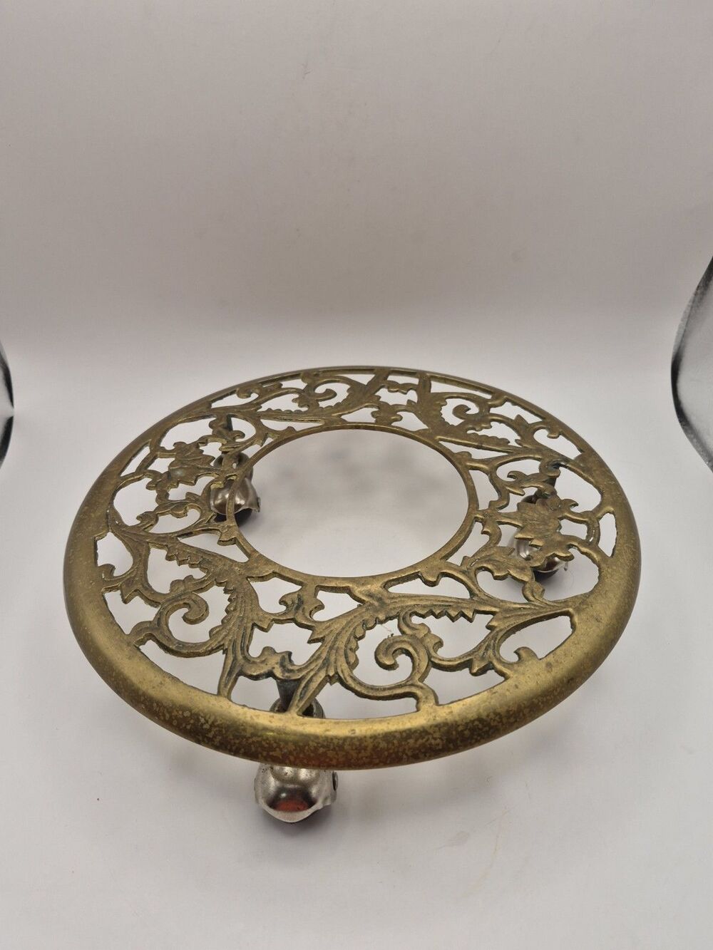 Brass Round 11" Ornate Filigree Plant Stand on Wheels Rolling VINTAGE Dolly
